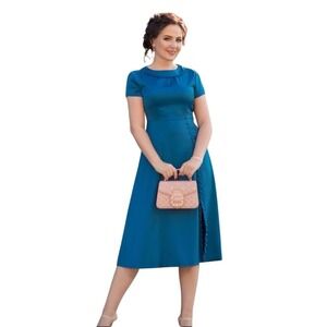 Retro Stage Dress Womens M 1950s Style Teal Blue Satin Roll Collar Midi NEW